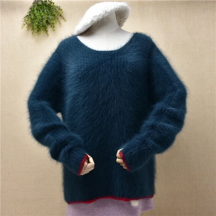 

female women autumn winter thick warm hairy plush mink cashmere knitted o-neck loose pullover angora fur winter jumper sweater