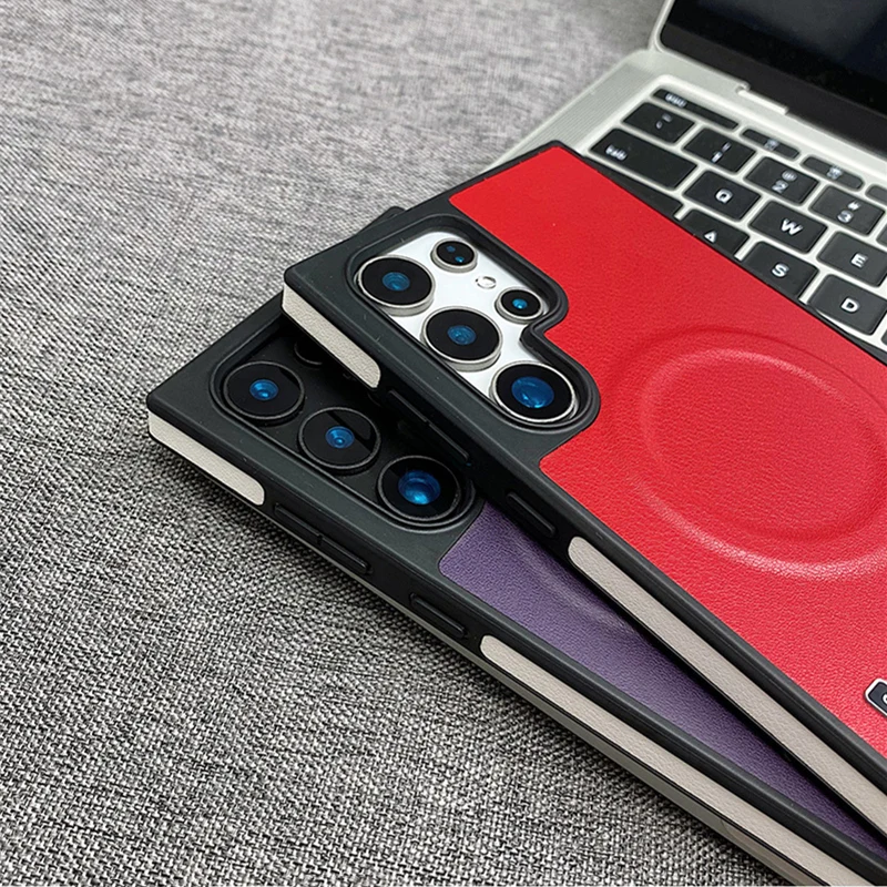 Trendy Hit Color MagSafe Phone Case for Samsung Galaxy S25 Ultra S24 S23 Retro PU Leather Texture Wireless Charging Hard Cover