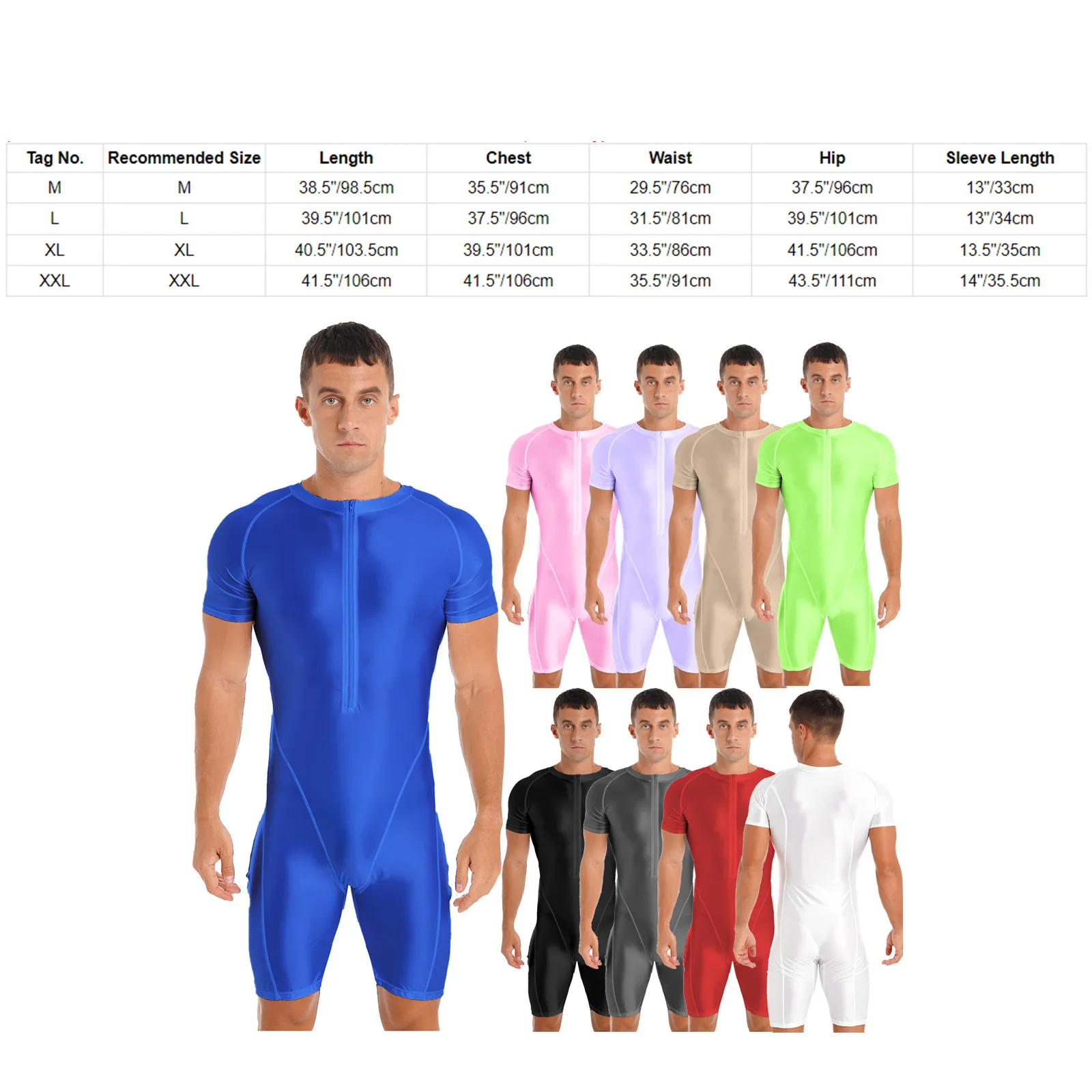 Men\'s Spandex Zipper Front Bodysuit One-piece Workout Dance Biketard Unitard Wrestling Singlet Jumpsuit Gym Yoga Sports Clothing