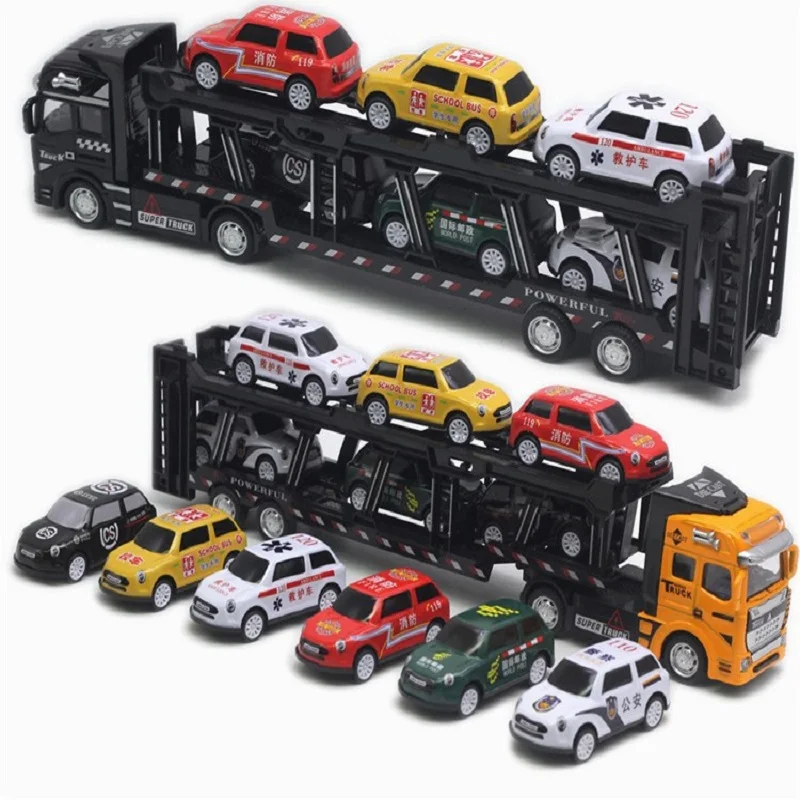 

1:48 Alloy Double-layer Transport Vehicle Model Truck Toy Car Transporter with 6 Trolleys Semi-trailer Children Birthday Gifts