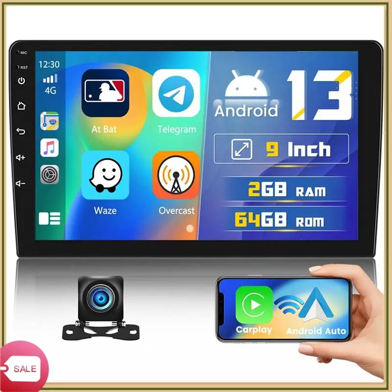 

Android 13 Car Stereo Wireless Carplay Android Auto, 2Din 9 Inch Touch Screen Car Radio GPS Wifi Bluetooth Backup Camera-A41P