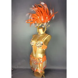 Handmde new belly dance costume with Orange Feather Head piece hot selling Sexy Samba Rio Carnival Costume free shipping