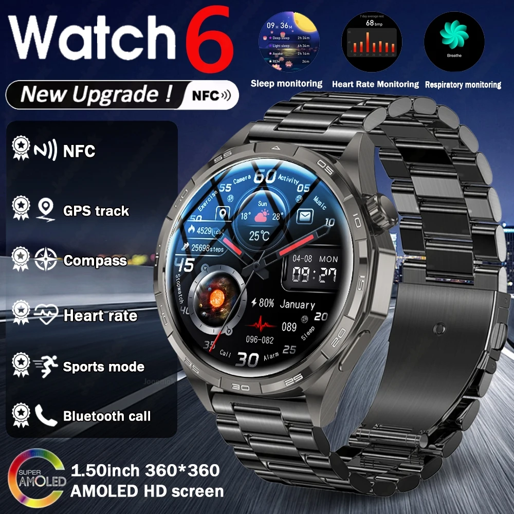 

2025 New Watch 6 Pro GPS Compass Smart Watch Men's 360*360 AMOLED Screen NFC Health Monitoring Men Bluetooth Call Smartwaches