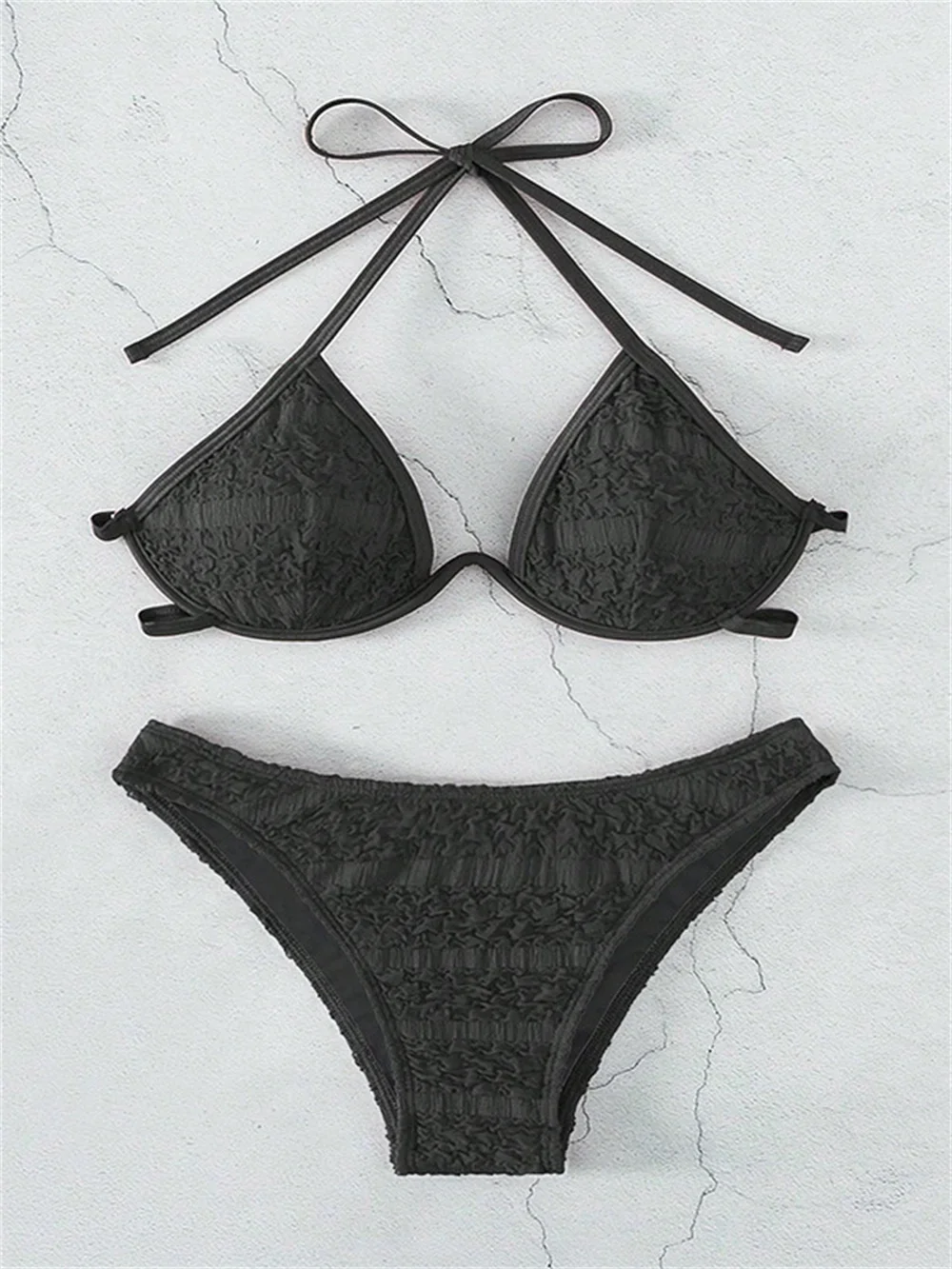 Czarne niebieskie zestawy bikini Halter String bandaż bez pleców strój kąpielowy Push Up ekstremalne pomarszczone stroje kąpielowe stringi damskie kostium kąpielowy na plaży