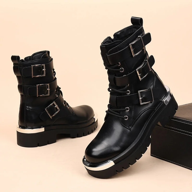 mens fashion punk gothic high platform boots black designer shoes cowboy natural leather boot cool long motorcycle botas hombre