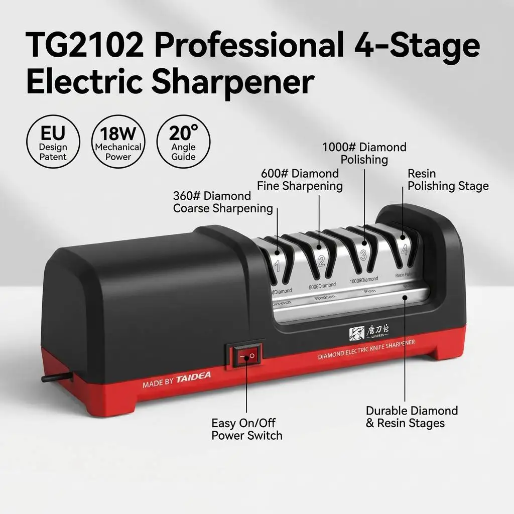 Taidea TG2102 Professioneller Elektrischer Messerschärfer 4-Stufen-Diamantschleifer Harzpolitur 18W 2800RPM EU-Patent Hochleistungs-1480g-Stabiles Werkzeug Küchenchef-Schneidemesser
