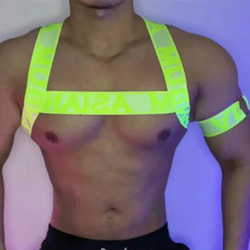 الفلورسنت اللون الجوف الأشرطة الرجال ضمادة شريط للصدر ملهى ليلي Dj Gogo زي القطب الرقص اكسسوارات المرحلة الزي XS4632