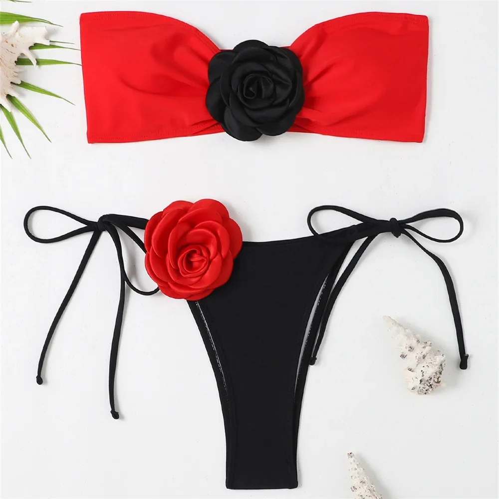 RED Bandeau Strój kąpielowy Micro Bikini Extrem Black Flower HOT Sexy Push Up Strój kąpielowy dla kobiet Tangas Biquini Feminino