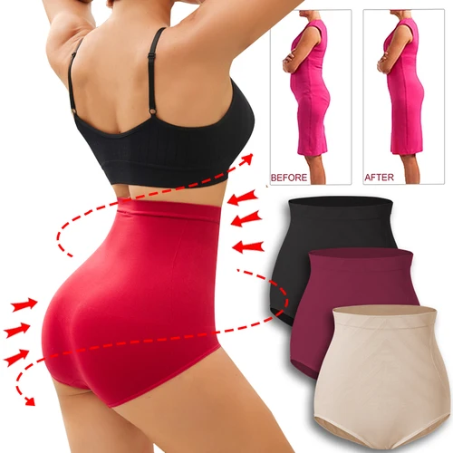 Imagen 2 del producto Bragas moldeadoras de tiro alto sin costuras para mujer, ropa moldeadora de Control adelgazante, ropa interior levantadora de glúteos de Color sólido, lencería elástica alta