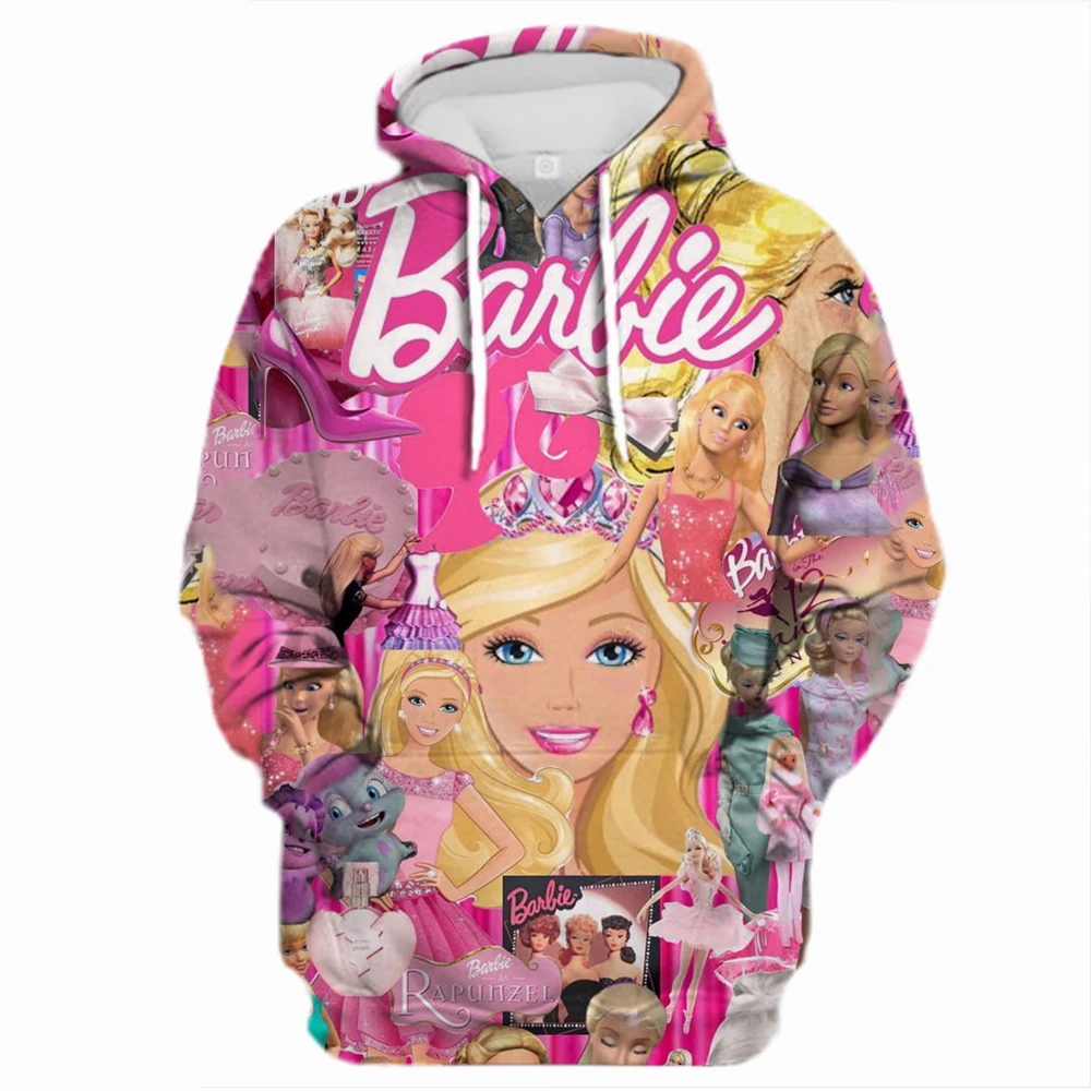 2024 years cartoon cute pink barbie princess elements spring and autumn new 3d print hoodie with rope ladies girls plus size top