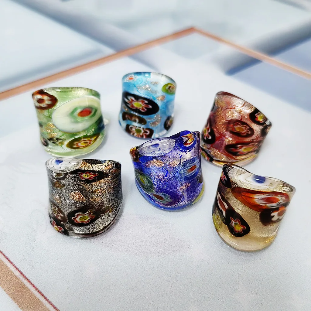 

6pcs/Lot Wholesale Randomly With Colored Glaze Muran Crystal Glass Ring For Women Hot Foil Lampwork Rings More 18-19 MM