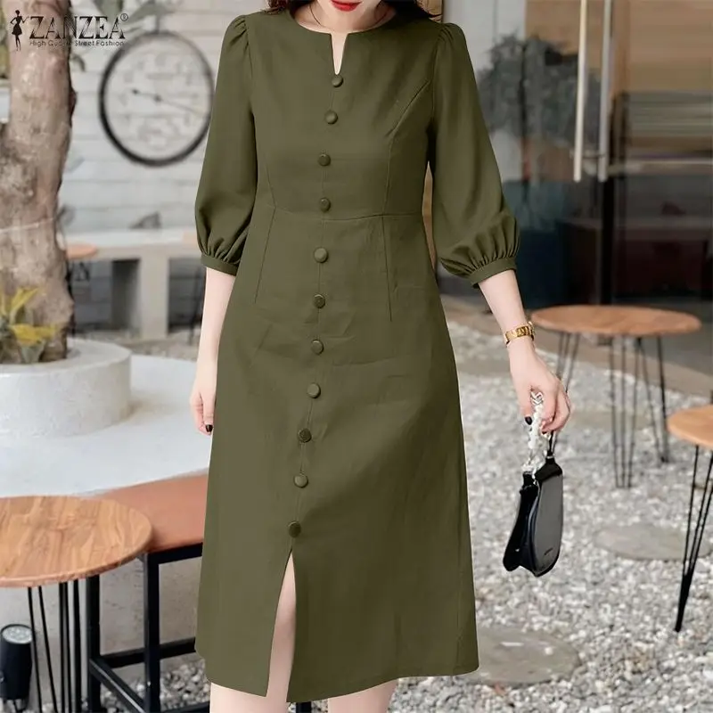 

Women's Elegant Fitted Waist Midi Dresses V-Neck 3/4 Lantern Sleeves Solid Color Slit Hem Dress Spring Summer Woman Clothes 3XL