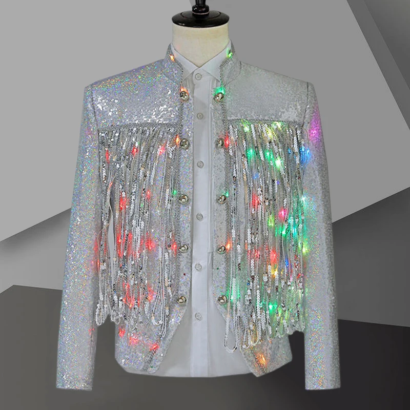 

Elegant Sequin Blazer Men's Casual Jacket For Party 2023 Nightclub Singer Performance Sequins Coat White Slim Fit Costume Homme