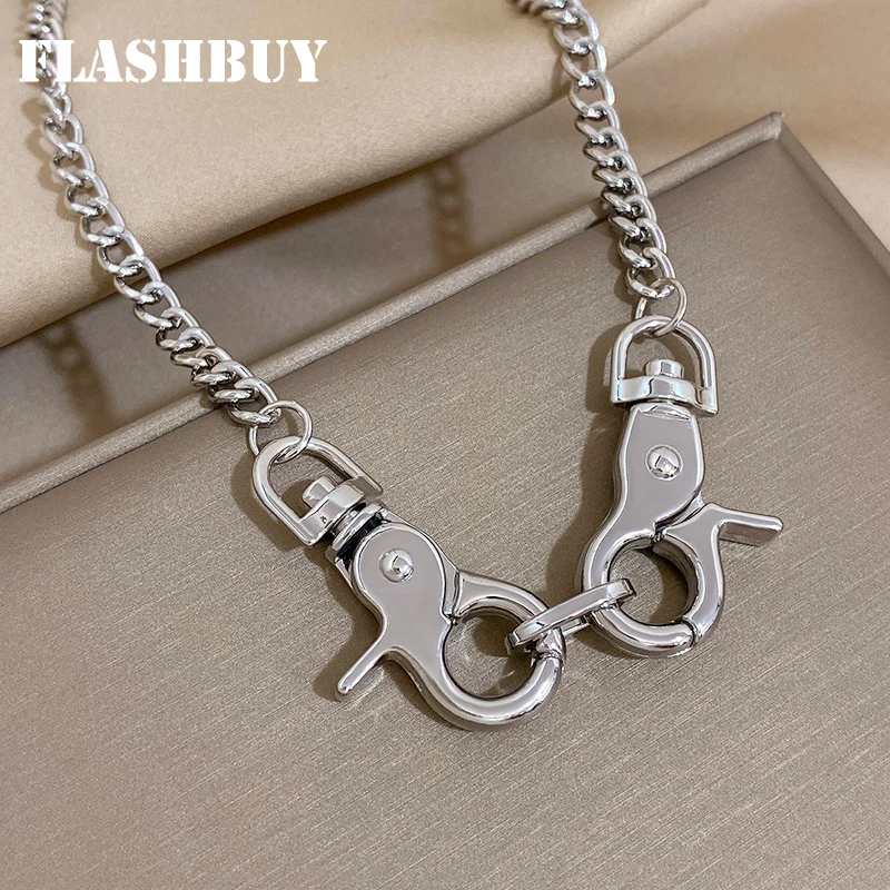 Flashbuy Punk Silver Color Thick Chain Clasp Key Pendant Necklaces Women Gothic Chunky Chain Choker Necklace Fashion Jewelry