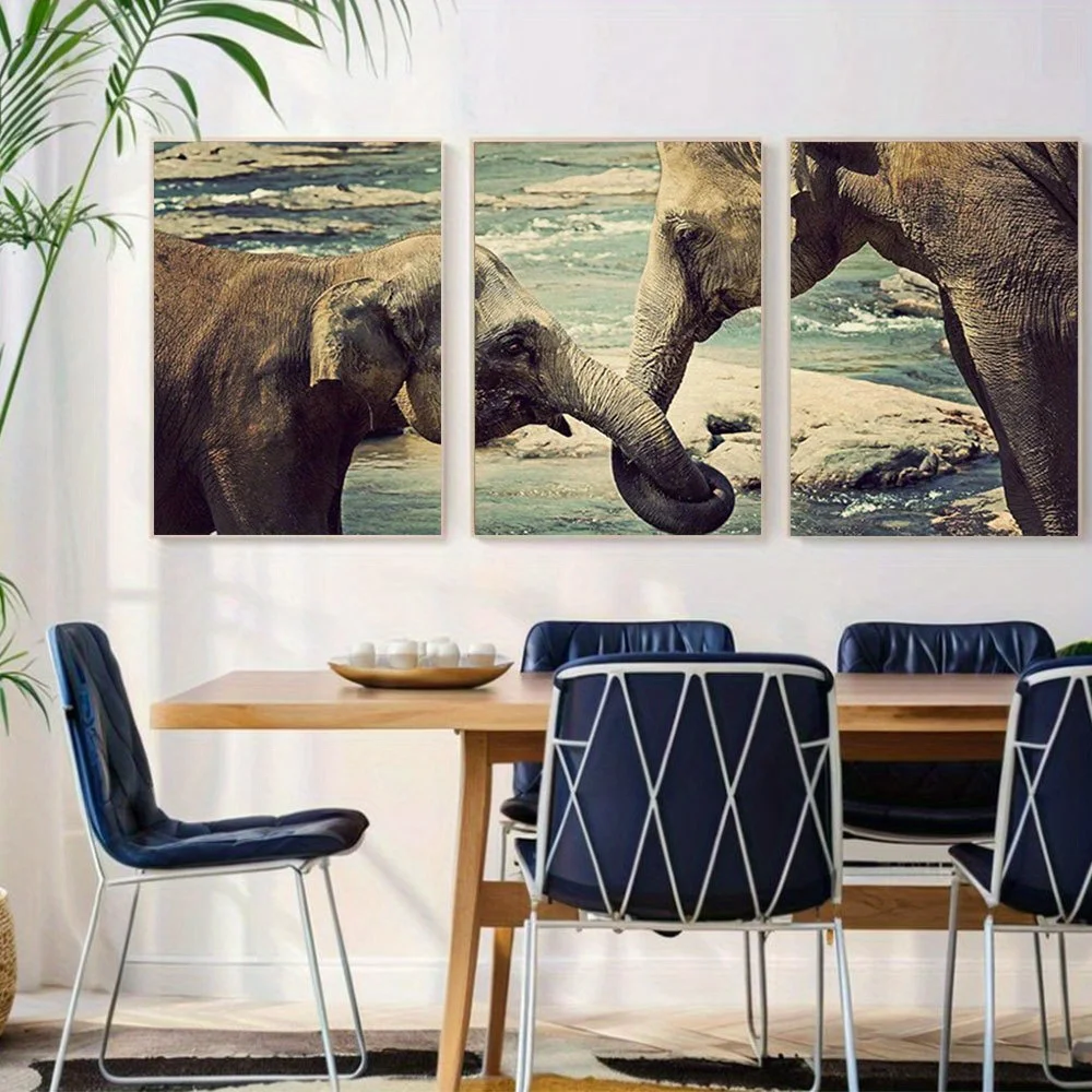 2D Flat 3pcs Unframed Wall Canvas Print Set Elephants Holding Trunks in Sri Lanka Nature Wilderness Photography Realism Rusti
