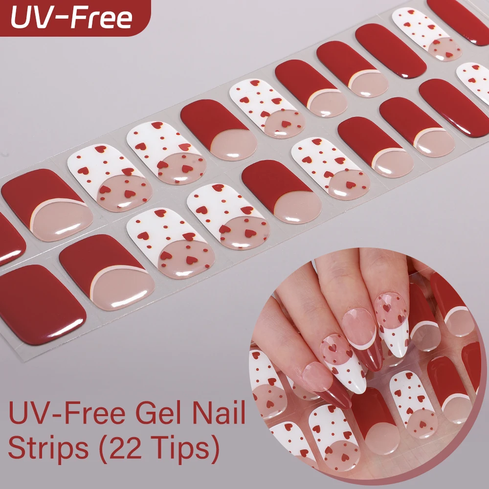 22Tips French Red Heart Kiss UV-Free Gel Nail Stickers Glitter Flower Full Cover Gel Polish Nail Strips DIY Manicure Decoration