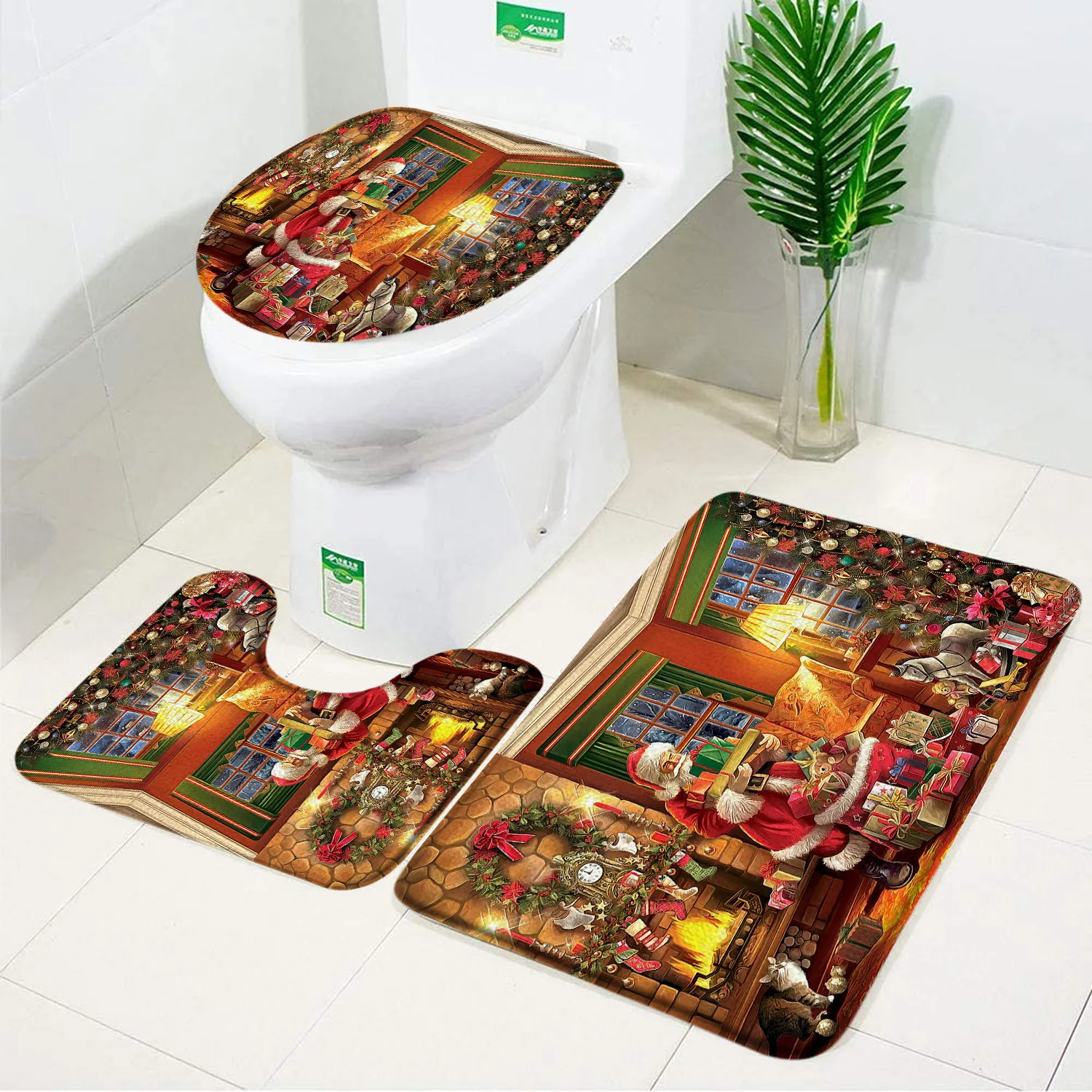 Christmas Bath Mat Set Santa Clause Elk Xmas Ball Star Snowflake Red New Year Home Bathroom Decor Carpet Non-Slip Rug Toilet Lid