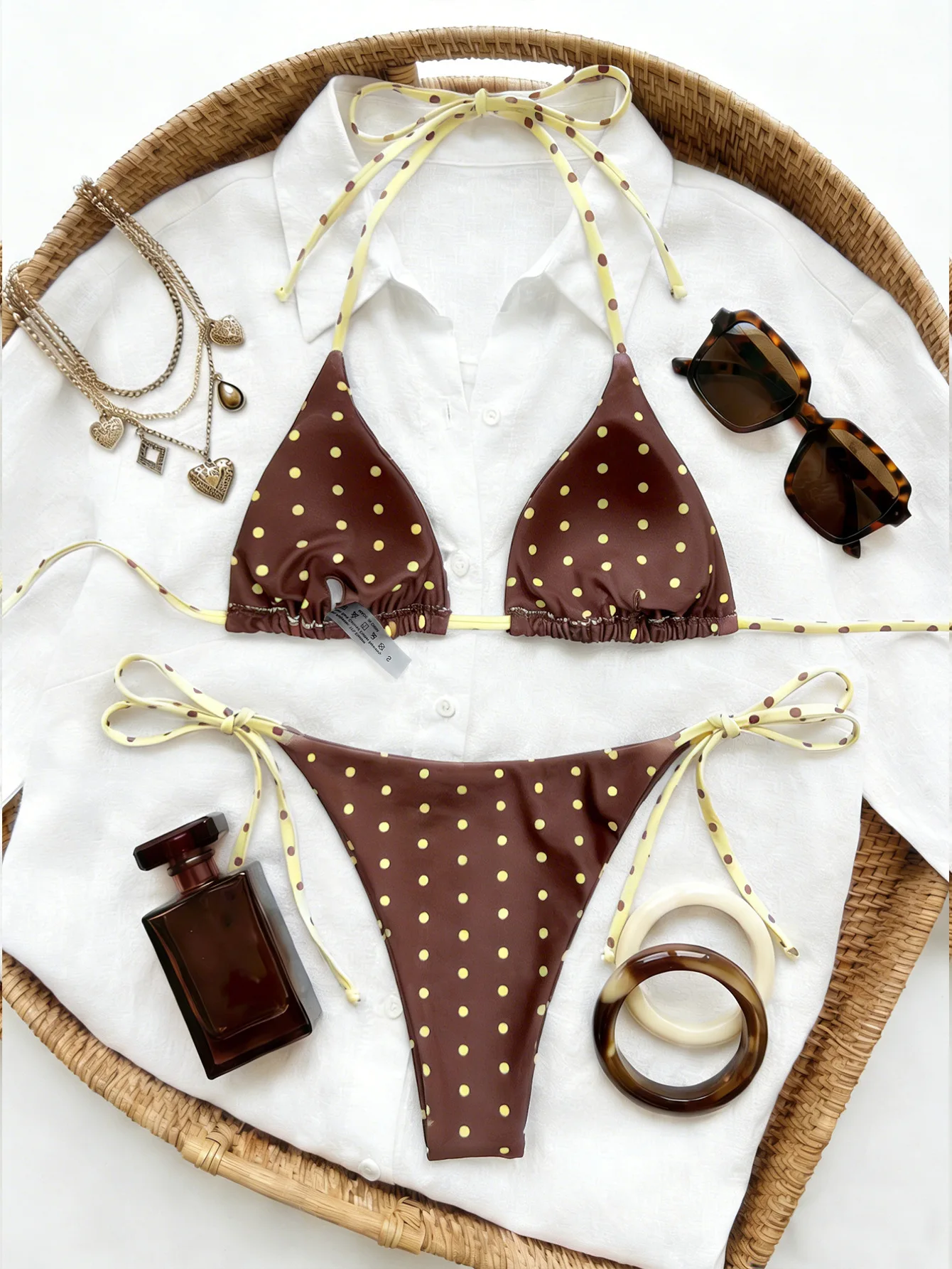 2026 Retro Polka Dot Bikini-Set mit Seitenverschluss für Damen, Sexy Push-Up Neckholder-Bademode, Hochgeschnittener Strand-Badeanzug, Sommer – Detail 37