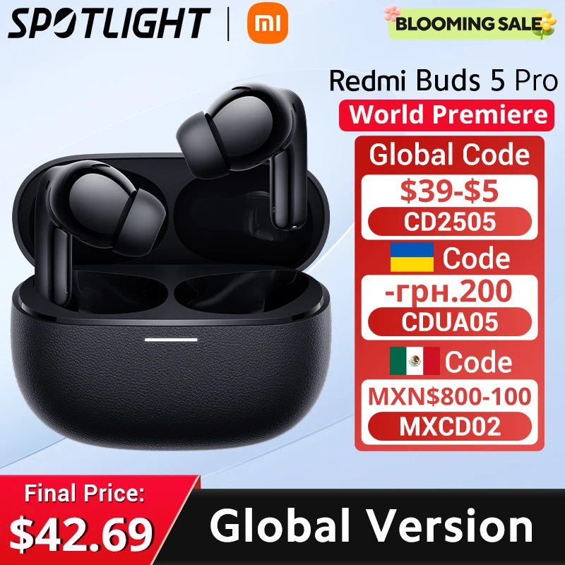 [Estreno mundial] Versión global Redmi Buds 5 Pro TWS Bluetooth 5.3 Cancelación de ruido de 52 dB Frecuencia ultraancha de hasta 4 kHz