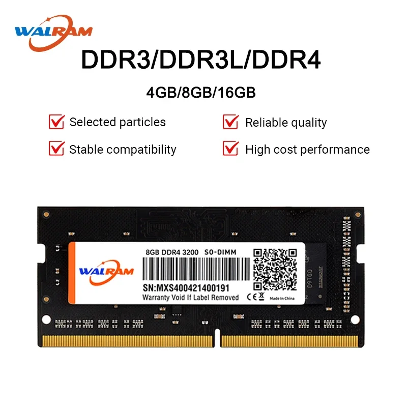 

WALRAM Memoria Ram DDR3 DDR3L 8GB 4GB 1600MHz Laptop Ram DDR4 16GB 3200MHz 2666MHz 2400MHz 1.2V Notebook Sodimm Internal Memory