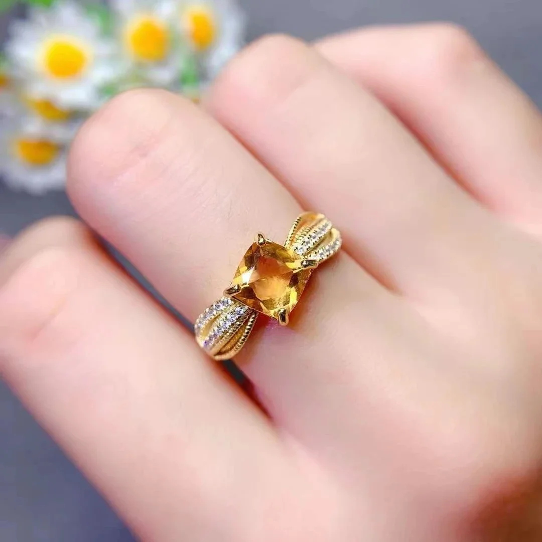 Morden Design 925 Silver Citrine Ring for Women 8mm 2ct Natural Citrine Jewelry 18K Gold Plated Genuine Crystal Jewelry