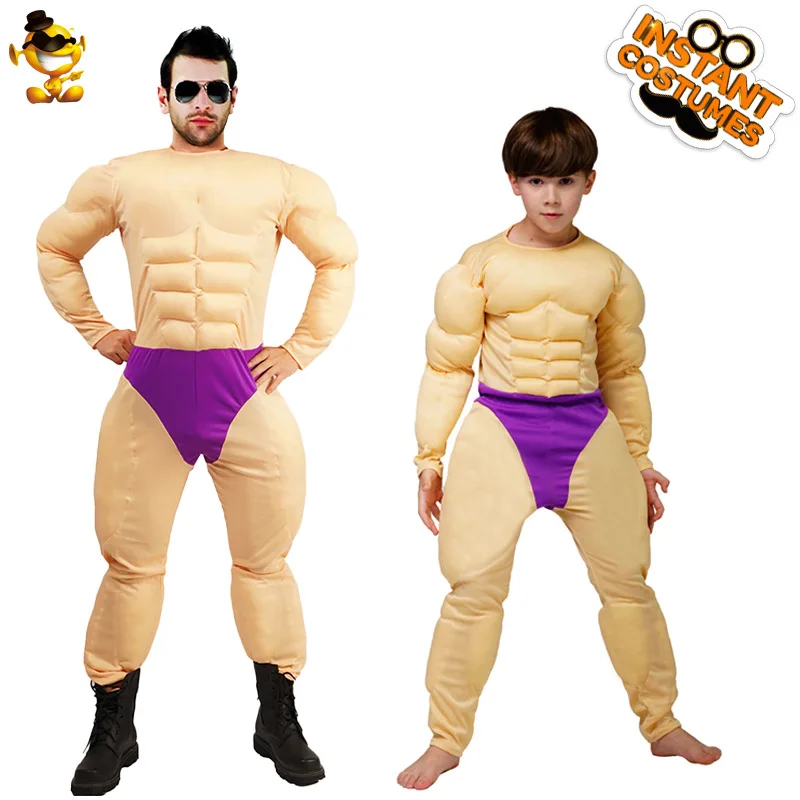 Funny Adult Children Muscle Suit Muscle Man T-Shirt Halloween Role Play Fake Abs T-Shirt Party Costumes