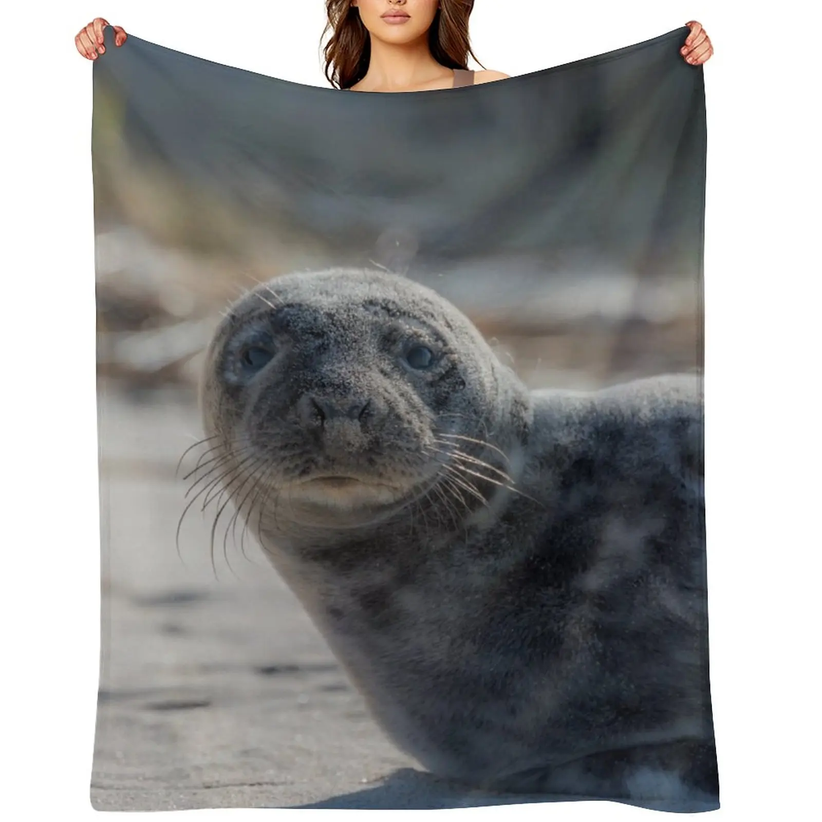 

Sweet Baby Seal on a Beach Looking At You with Big Eyes Throw Blanket Bed linens Decoratives Summer Beddings Custom Blankets