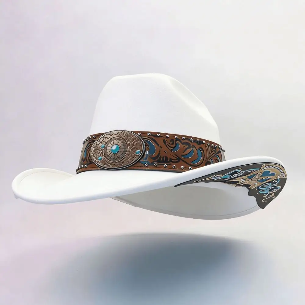 Dress Up Western Cowboy Hat Wide Brim Turquoise Decor Western Cowgirl Hat Jazz Bohemian Ethnic Style Fedora Hat
