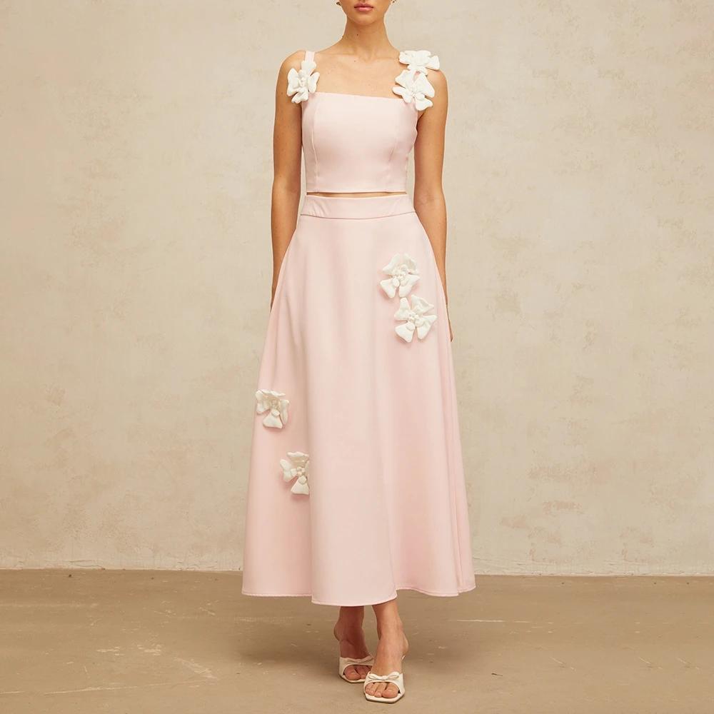 

Solid Spliced Appliques Two Piece Set for Women Square Collar Sleeveless Short Top High Waist A Line Mid Skirt Suit Female