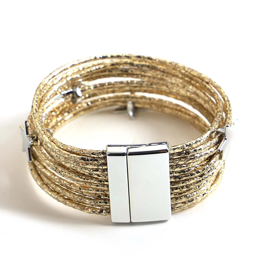 ALLYES Boho Glitter Filled Slim Strips Leather Bracelet for Women Fashion Cute Stars Multilayer Wrap Bracelets Charm Jewelry