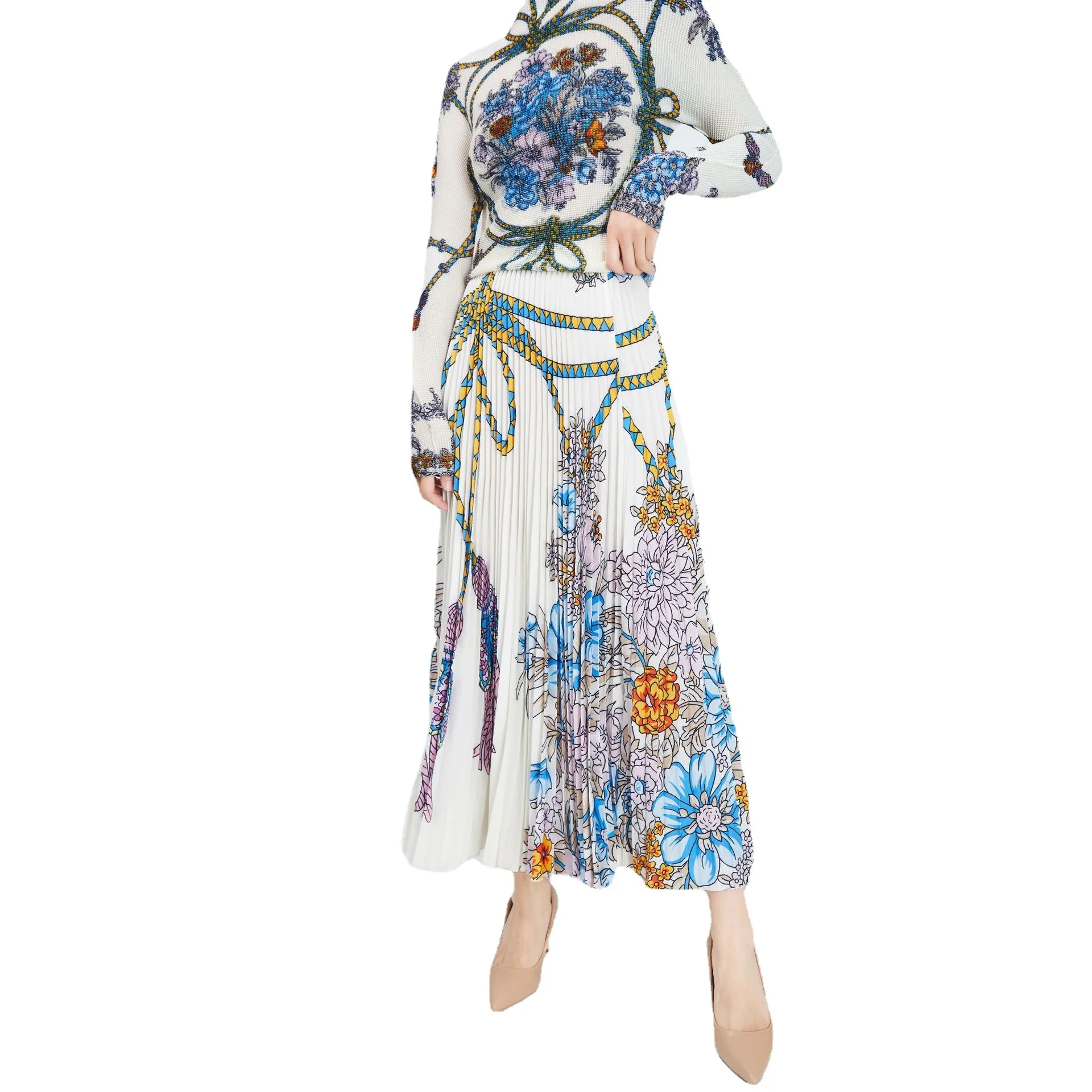 2024 New Autumn Elegant Beige Print Pleated Print Long Split Half Skirt Set Slender and Stylish Retro Women\'s Wear
