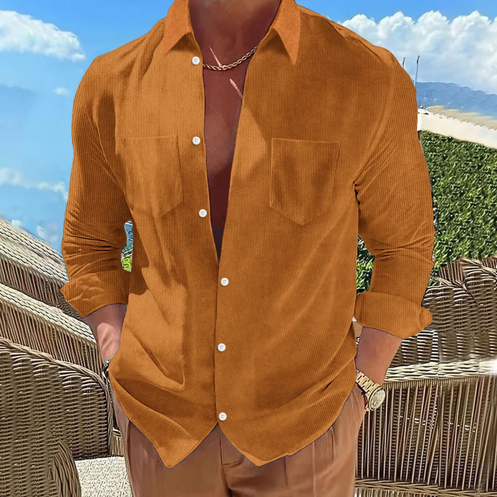 Camisa de manga larga para hombre, camisa informal de PANA con bolsillo y solapa, ajustada para negocios, primavera y otoño, 2023