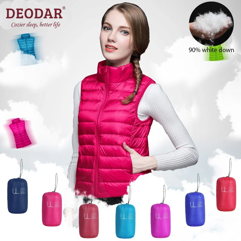 

DEODAR Four-season Models 90% White Duck Down Vest Female Fashion Thin Short Stand Collar Portable Puffer Jacket for Office Lady