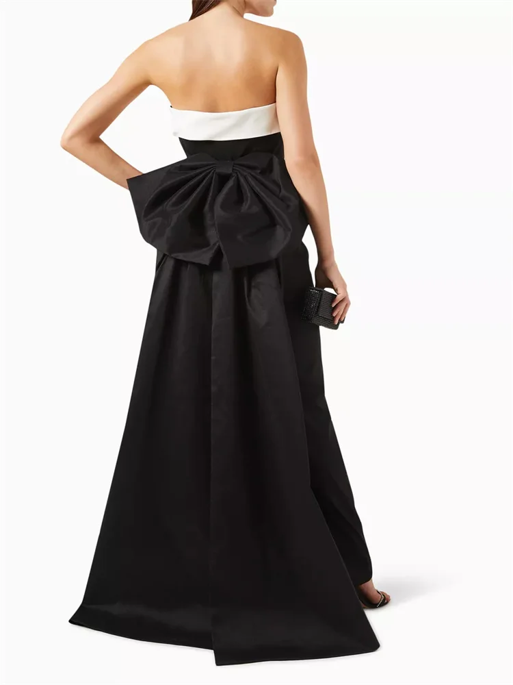 Customized Black And White Contrasting Bow Evening Dress, Sleeveless Tube Top Waist With Big Bow Decoration And Back Slit Dress