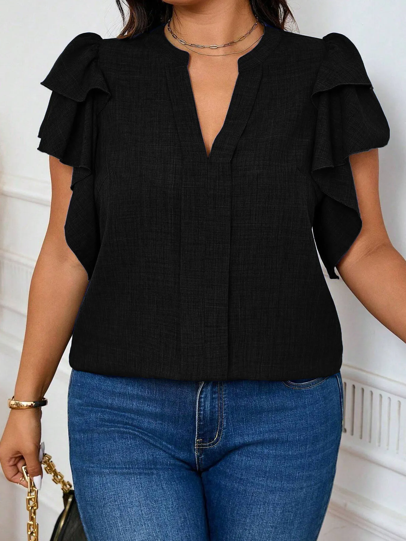 Women's Plus-Size Elegant Tiered-Sleeve V-Neck Blouse – Minimalist Top for Work or Casual Outings