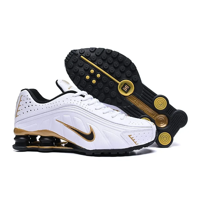 

Nike Shox R4 White Gold Fashion Air Columns Against Impact Outdoor Men Running Shoes Lightweight Sports Sneakers Men