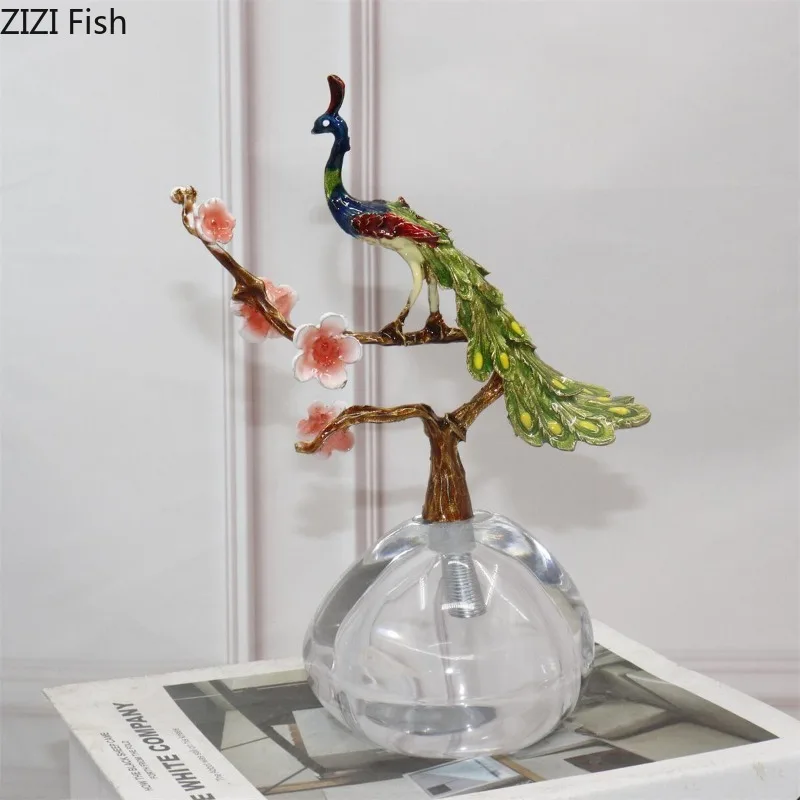 Creative Alloy Peacock Sculpture Crystal Base Metal Animal Ornament Art Exhibition Statue Decoration Crafts Room Aesthetic Decor