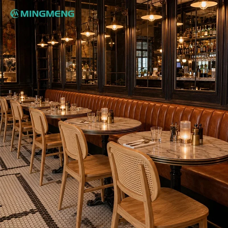 Custom Commercial Bistro Booth Furniture Leather Bench Seating Rattan Wood Chairs Marble Round Dining Table