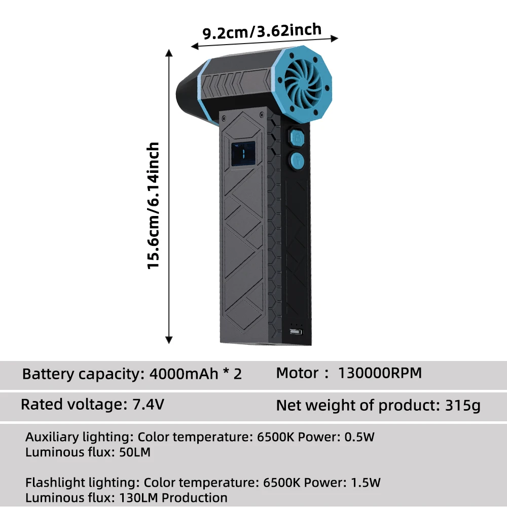 Handheld Mini Turbo Jet Fan 130000RPM Powerful Turbo Air Blower with 2 LED Light Compressed Air Duster 4 Gear Car Cleaning Tool