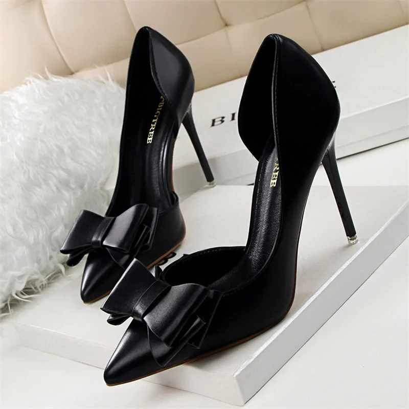 Fashion Delicate Sweet Bow knot High Heel Shoes Side Hollow  Women Pumps Pointed Toe 10.5cm Thin Dress Single Shoes