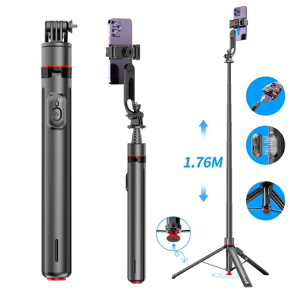 

LISCN TT03 1,76 м универсальный штатив с автоматической поп-открытой, магнитный пульт дистанционного управления, съемный зажим для телефона, штатив, палка для селфи