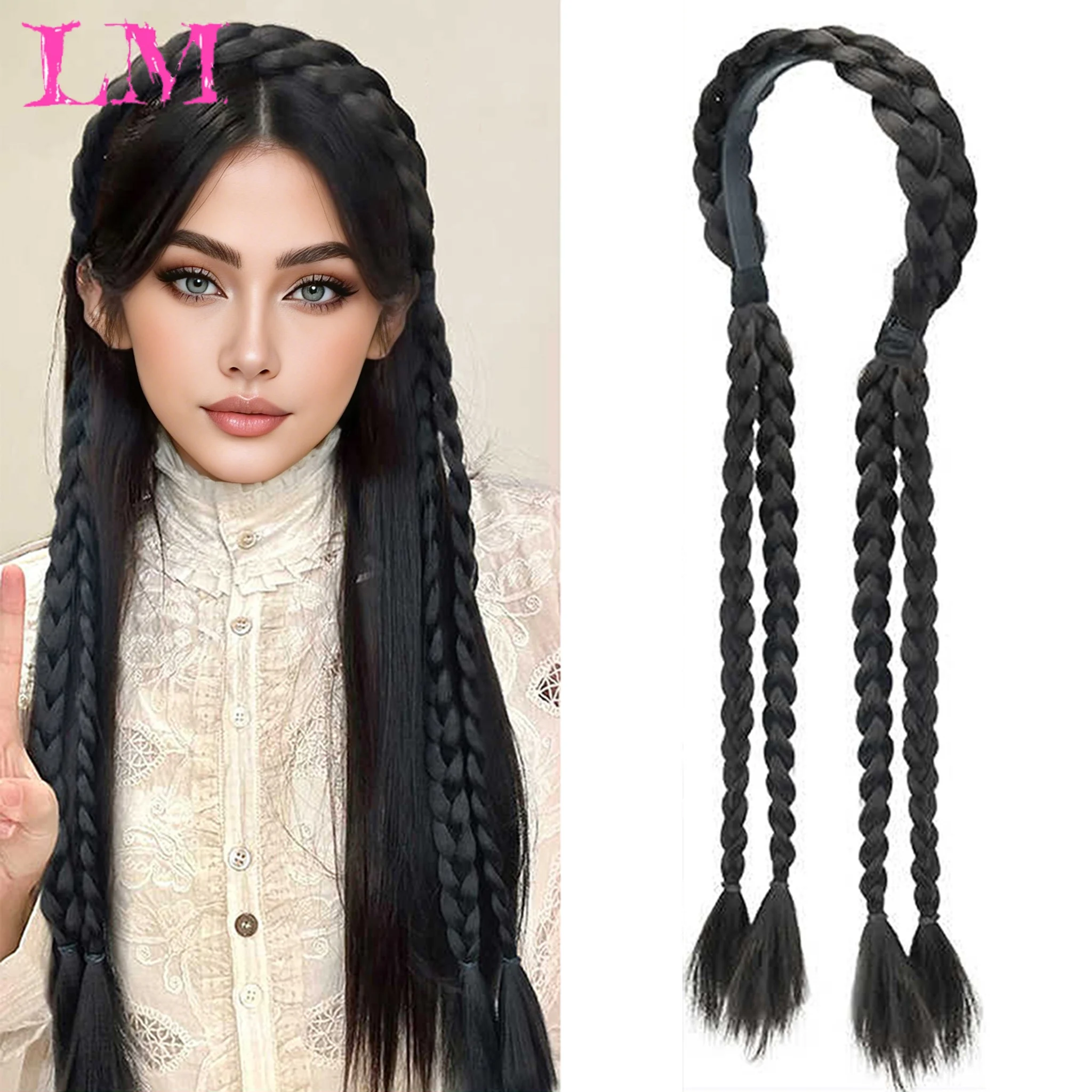 LM Synthetic Fashion Fishbone Braided Headband Synthetic Wig Women Simulation High Skull Ponytail Headdress