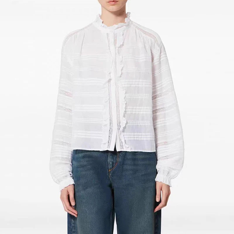 

Spring Summer Women's Ultra Lightweight Long Sleeve Striped Lantern Sleeve Loose Shirt Breathable Ear Mushroom Collar Cotton ...