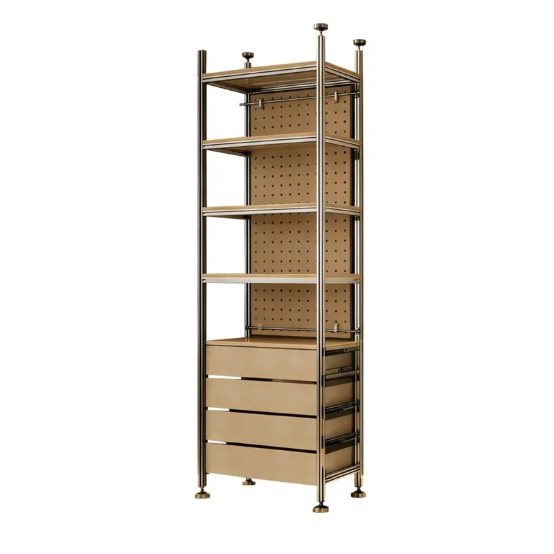 Industrial Birch Wood Display Rack Aluminum Frame Multi Tier Floor Standing Shelf for Sample Storage Cabinet
