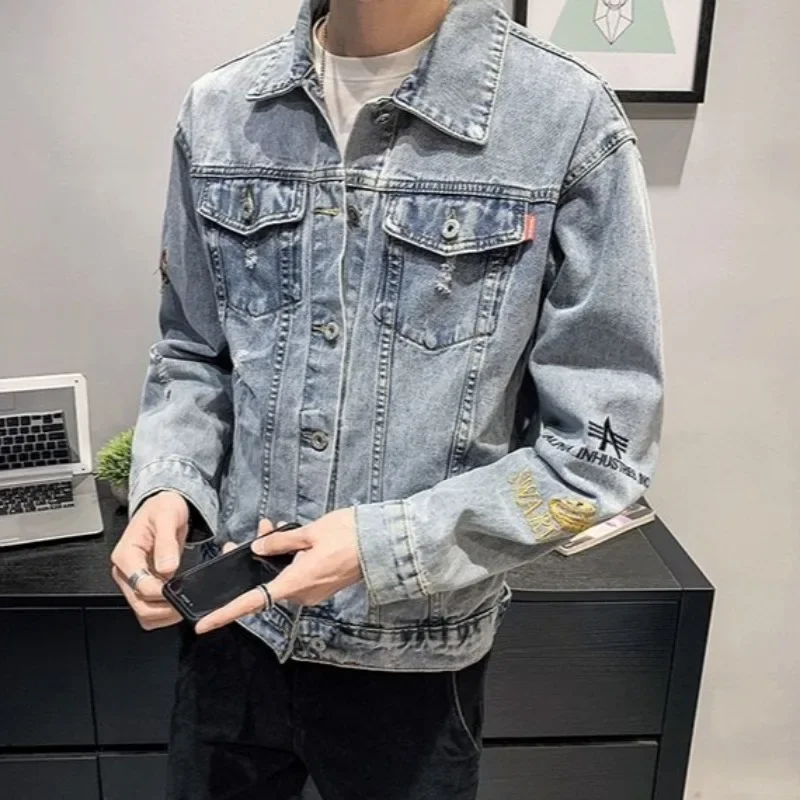 Ripped Men's Denim Jacket With Hole Embroidery Button Low Cost Male Jean Coats Korea Loose Worn Washed Outwear In Lowest Price