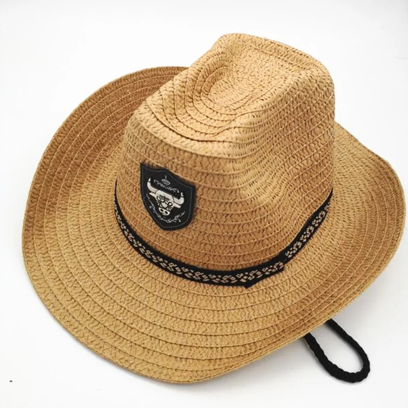 

Summer Men Bull Badge Cowboy Straw Sunhat With Rope Jazz Hats Western With Wide Brim Caps Sun Protection Fedora Cap For Man