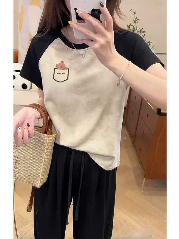 Pure Cotton Shoulder Insert Short Sleeve T-Shirt Women's Summer Korean Version Small Size Color Block Casual Slimming Top