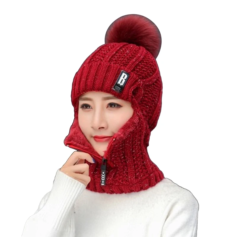 Women\'s Knitted Caps Plush Pullover Earmuff Bib Cap For Warmth Bonnet Femme Pompom Fur Warm Hat