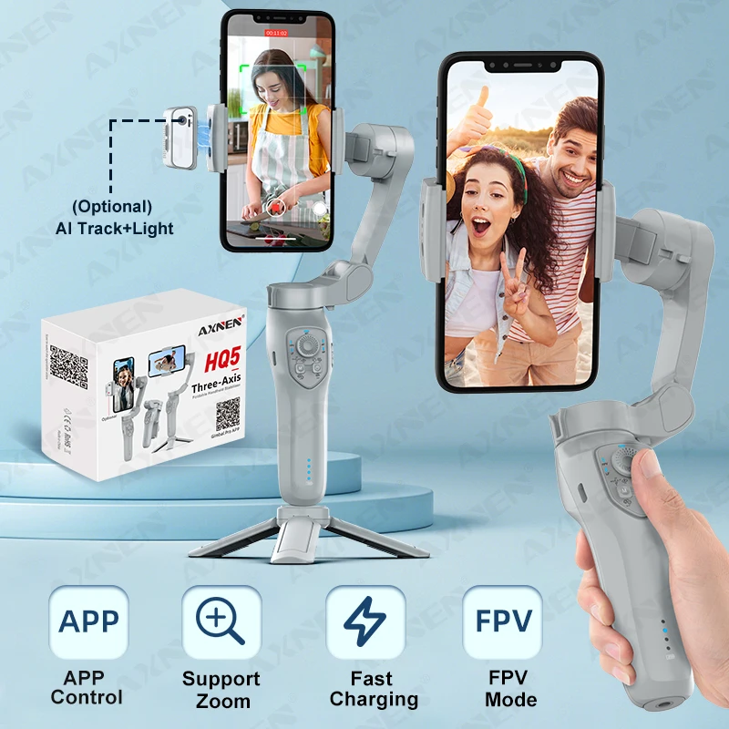 AXNEN HQ5 AI Gimbal 3-Axis مثبت يدوي مضاد للاهتزاز تتبع الوجه التلقائي حامل هاتف محمول مفيد لهاتف iPhone Android مدونة فيديو