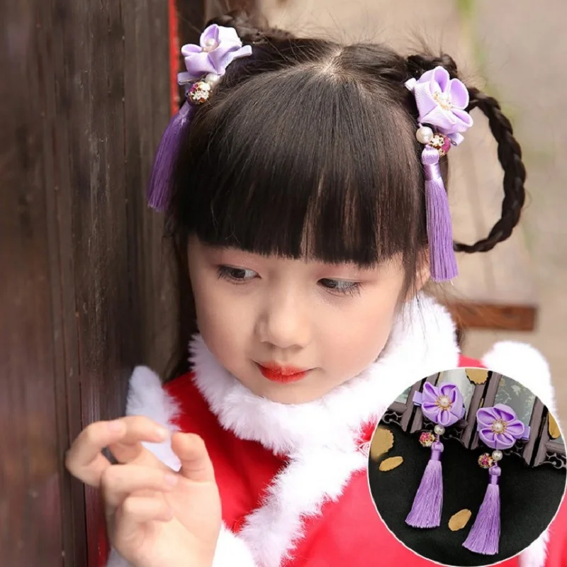 

Lovable Headdress Purple Flower Side Clip Tassel Pearl Chinese Style Hair Clip Hair Accessory Kids Girl Hairpin Barrettes